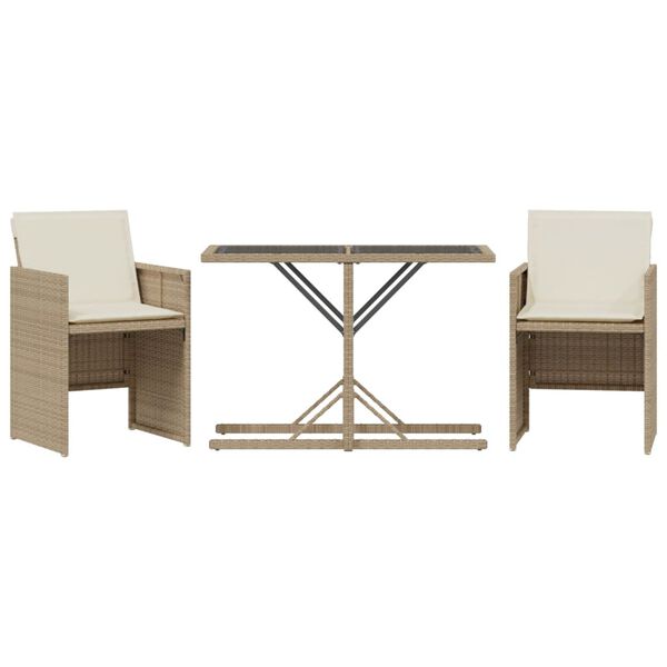 vidaXL 3-delige Bistroset met kussens poly rattan beige