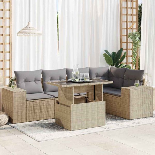 vidaXL 6-delige Loungeset met kussens poly rattan beige