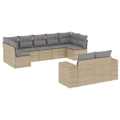 vidaXL 9-delige Loungeset met kussens poly rattan beige