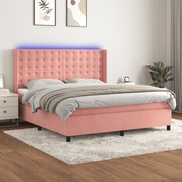 vidaXL Boxspring met matras en LED fluweel roze 180x200 cm