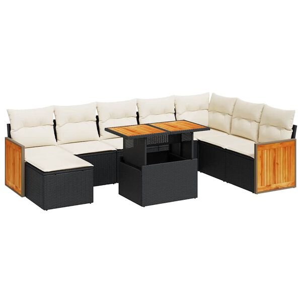 vidaXL 9-delige Loungeset met kussens poly rattan acacia zwart
