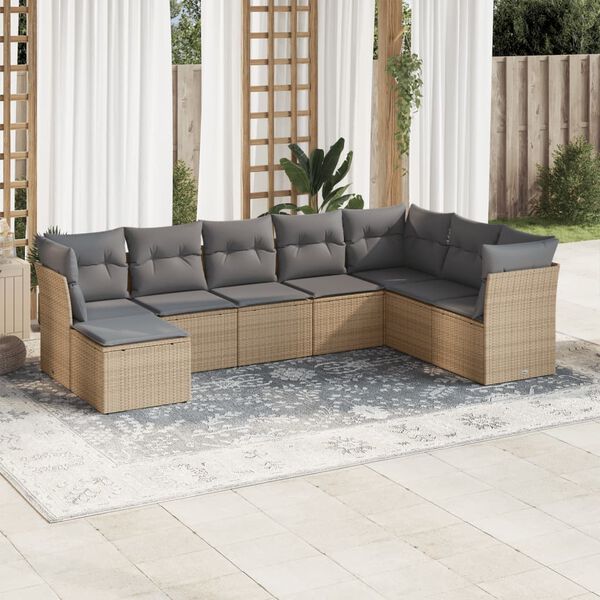 vidaXL 8-delige Loungeset met kussens poly rattan beige