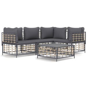 vidaXL 5-delige Loungeset met kussens poly rattan antracietkleurig