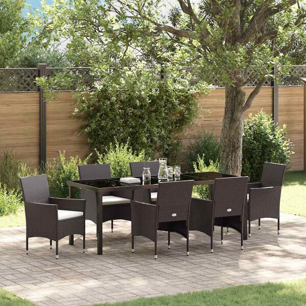 vidaXL Tuin eettafelset met kussen 7 pcs Bruin poly rattan