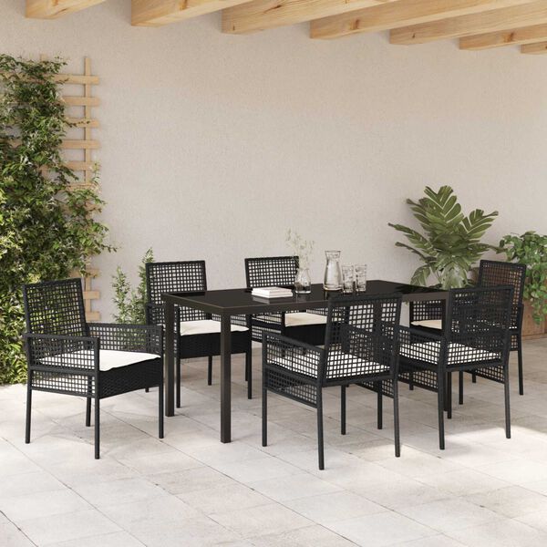 vidaXL Tuin eettafelset met kussen 7 pcs Zwart poly rattan