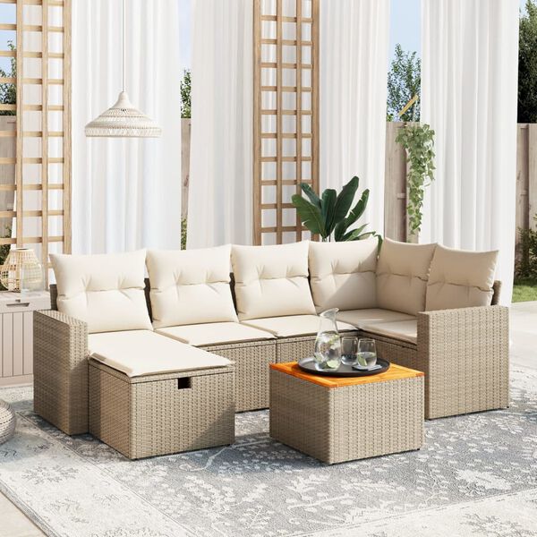 vidaXL 7-delige Loungeset met kussens poly rattan beige
