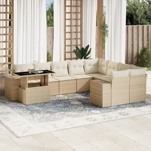 vidaXL 10-delige Loungeset met kussens poly rattan beige