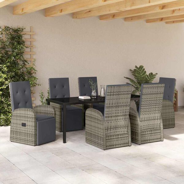 vidaXL Tuin eettafelset met kussen 7 pcs Grijs poly rattan