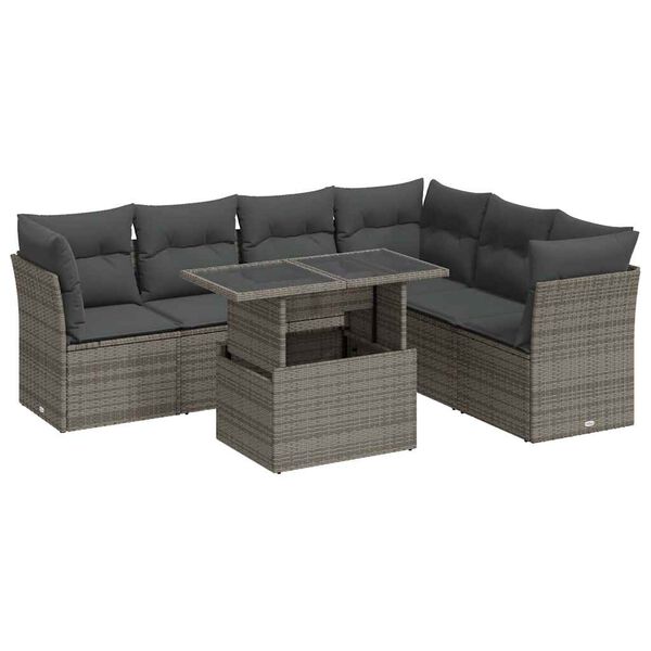 vidaXL 7-delige Loungeset met kussens poly rattan grijs