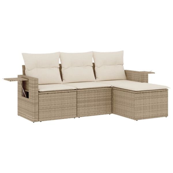 vidaXL 4-delige Loungeset met kussens poly rattan beige