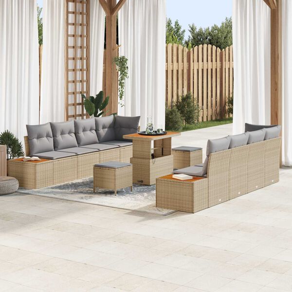 vidaXL Tuinbankenset met kussen met opslag 11 pcs Beige Poly riet