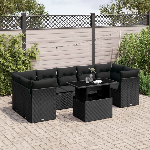 vidaXL 8-delige Loungeset met kussens poly rattan zwart
