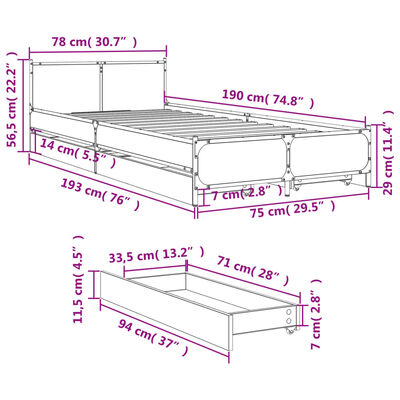 vidaXL Bedframe met lades bewerkt hout sonoma eikenkleurig 75x190 cm