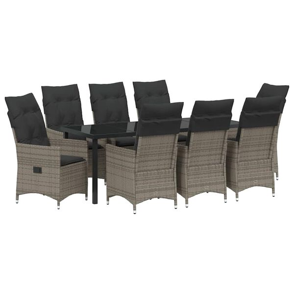 vidaXL Tuin eettafelset met kussen 9 pcs Grijs poly rattan