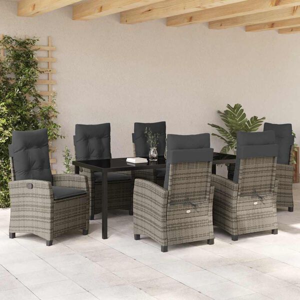 vidaXL Tuin eettafelset met kussen 7 pcs Grijs poly rattan