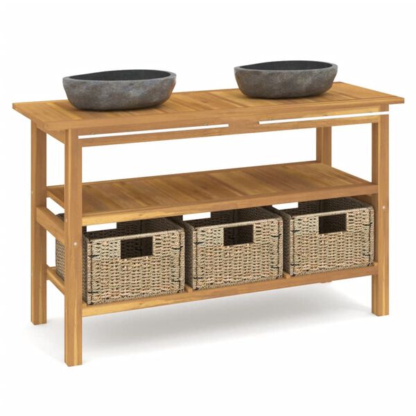 vidaXL Wastafelkast met wasbakken riviersteen massief teakhout