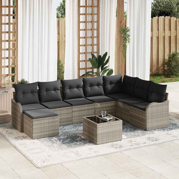 vidaXL Tuin Sofa Set met kussen 9 pcs Lichtgrijs Poly riet