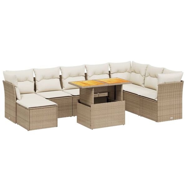vidaXL 9-delige Loungeset met kussens poly rattan beige