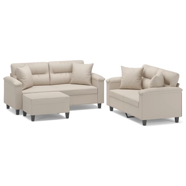 vidaXL 3-delige Loungeset met kussens microvezelstof cr&egrave;mekleurig