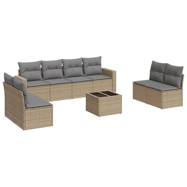 vidaXL 9-delige Loungeset met kussens poly rattan beige