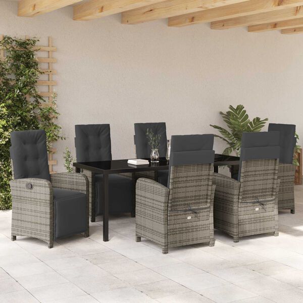 vidaXL Tuin eettafelset met kussen 7 pcs Grijs poly rattan