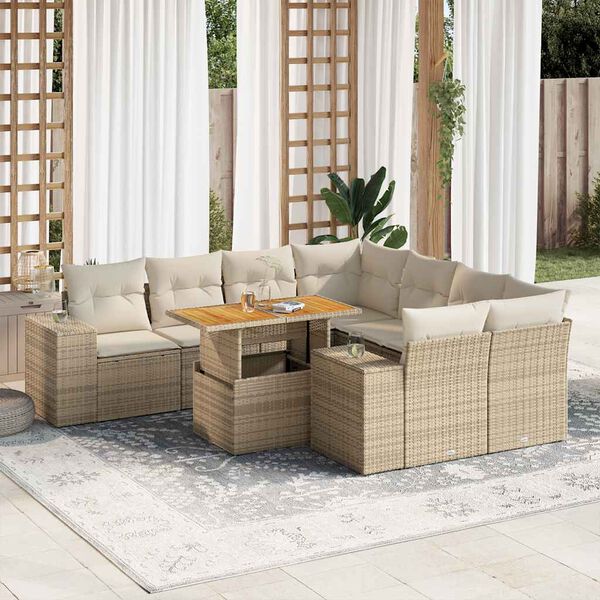 vidaXL 9-delige Loungeset met kussens poly rattan beige