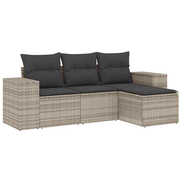 vidaXL 4-delige Loungeset met kussens poly rattan lichtgrijs