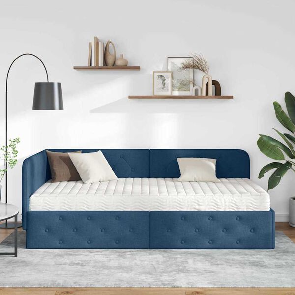vidaXL Hoekbedframe met matras met hoofdeinde Blauw 100 x 200 cm Stof