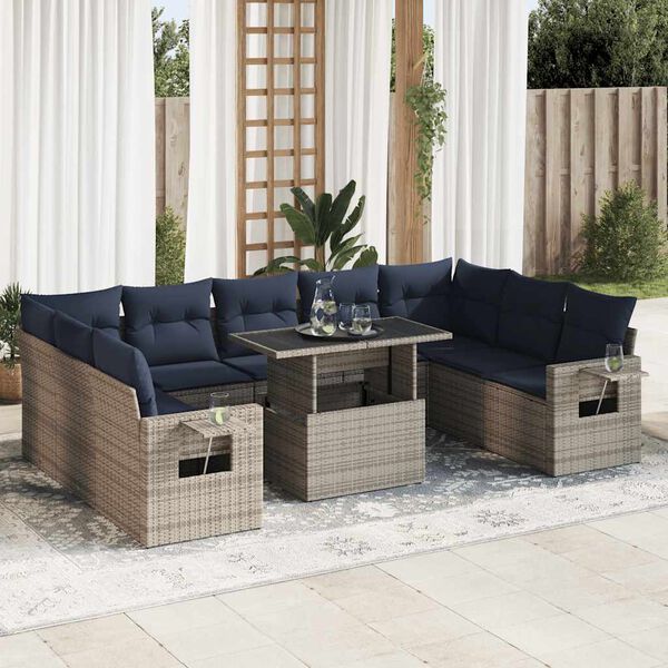 vidaXL 10-delige Loungeset met kussens poly rattan acacia grijs