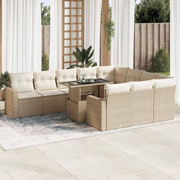 vidaXL 11-delige Tuinset met kussens poly rattan beige