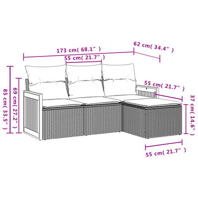 vidaXL 4-delige Loungeset met kussens poly rattan zwart