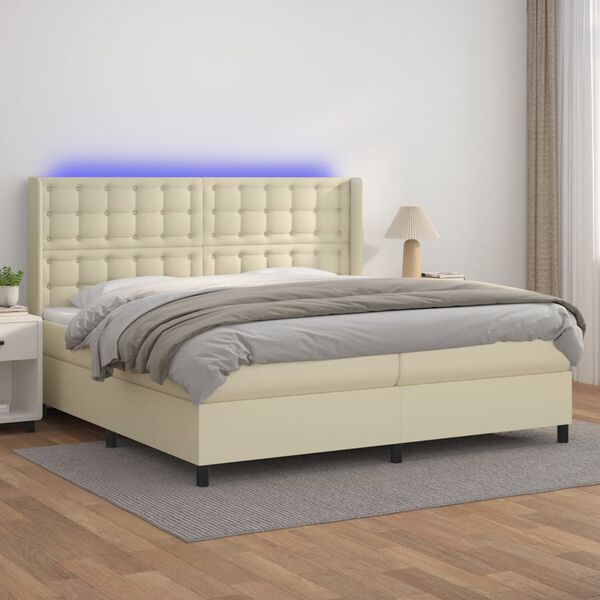 vidaXL Boxspring met matras en LED kunstleer cr&egrave;mekleurig 200x200 cm