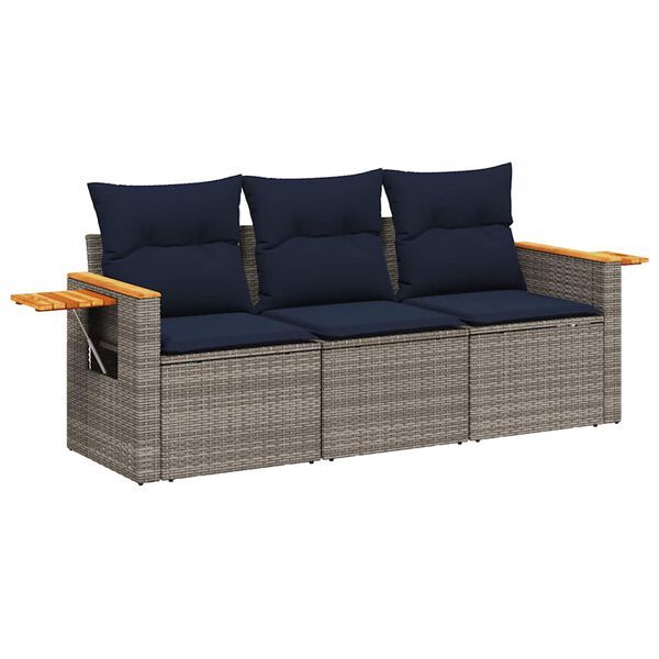 vidaXL 3-delige Loungeset met kussens poly rattan grijs