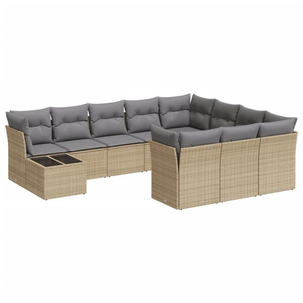vidaXL 11-delige Tuinset met kussens poly rattan beige