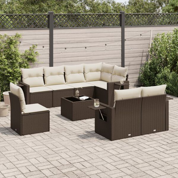 vidaXL 9-delige Loungeset met kussens poly rattan bruin