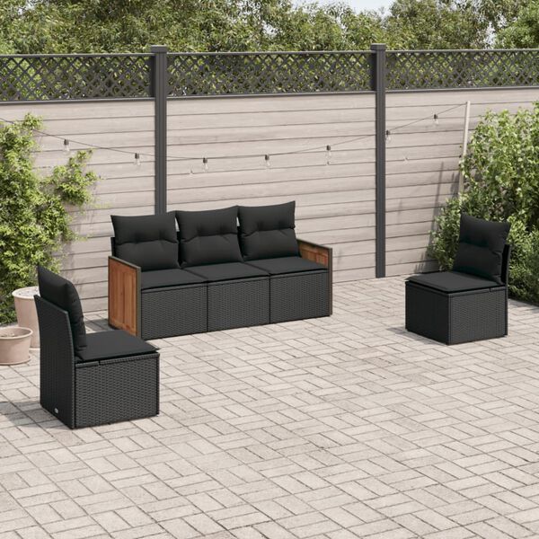 vidaXL 5-delige Loungeset met kussens poly rattan zwart