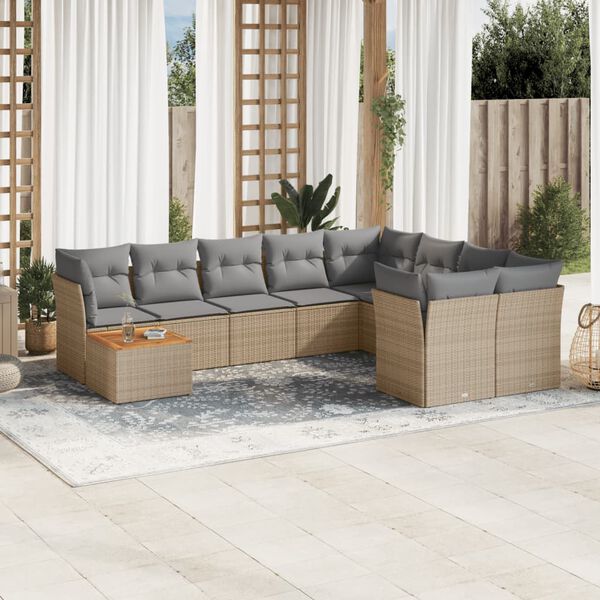 vidaXL 10-delige Loungeset met kussens poly rattan gemengd beige
