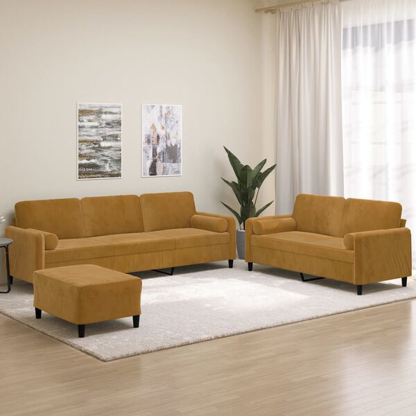 vidaXL 3-delige Loungeset met sierkussens en kussens fluweel bruin