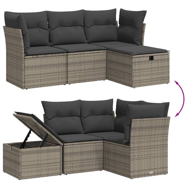 vidaXL 4-delige Loungeset met kussens poly rattan grijs