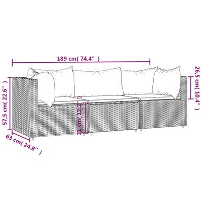 vidaXL 3-delige Loungeset met kussens poly rattan grijs