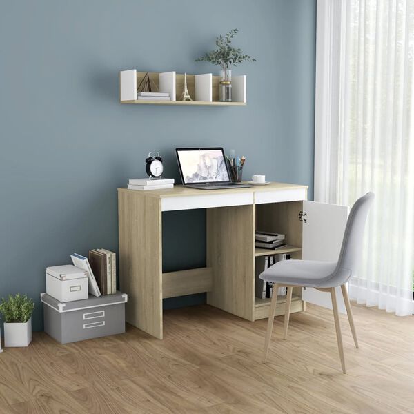 vidaXL Bureau 100x50x76 cm bewerkt hout wit en sonoma eikenkleurig