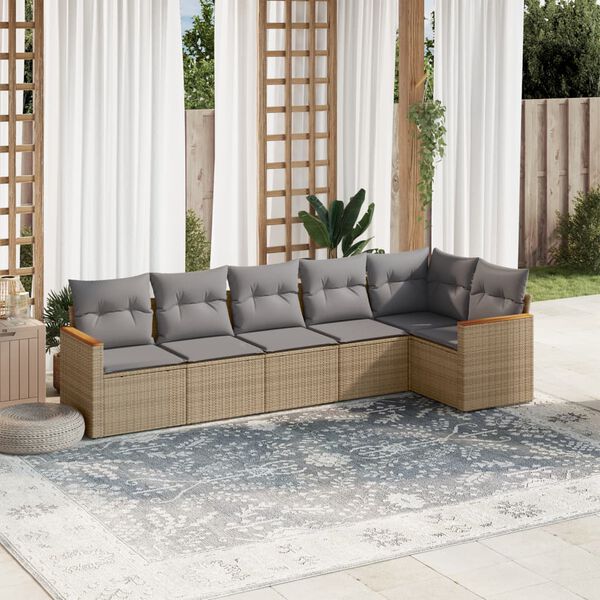 vidaXL 6-delige Loungeset met kussens poly rattan beige