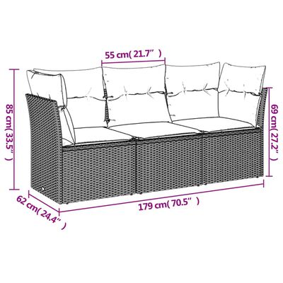 vidaXL 3-delige Loungeset met kussens poly rattan bruin