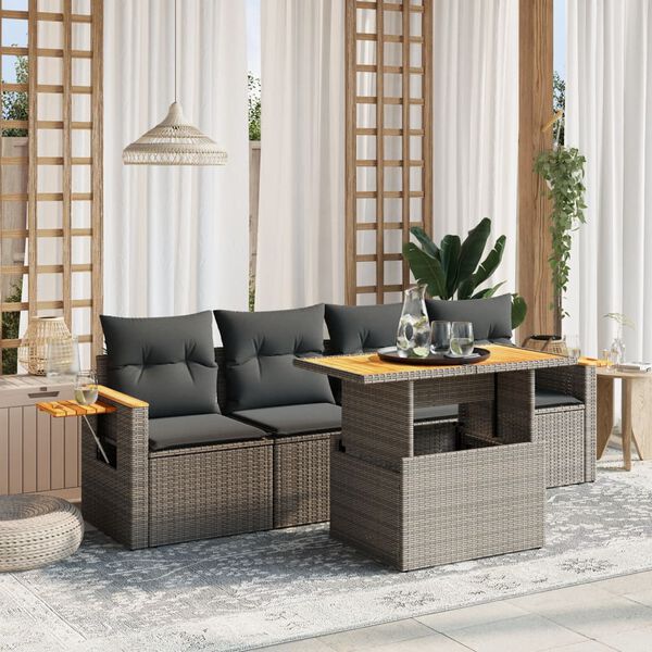 vidaXL 5-delige Loungeset met kussens poly rattan grijs