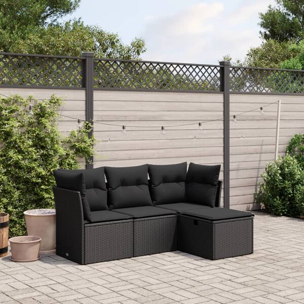 vidaXL 4-delige Loungeset met kussens poly rattan zwart