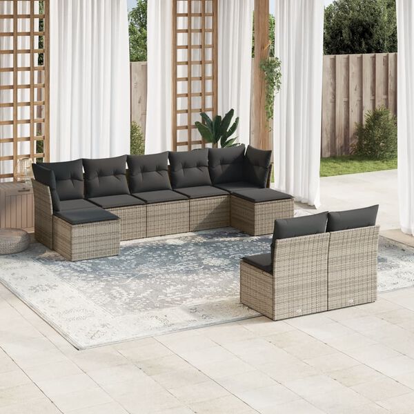 vidaXL 9-delige Loungeset met kussens poly rattan grijs