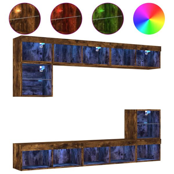 vidaXL 8-delige tv-wandmeubelset met LED bewerkt hout gerookt eiken