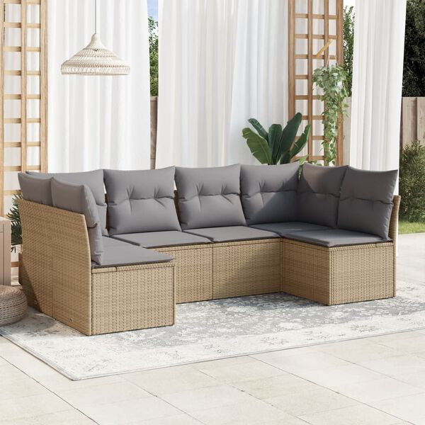 vidaXL 6-delige Loungeset met kussens poly rattan beige