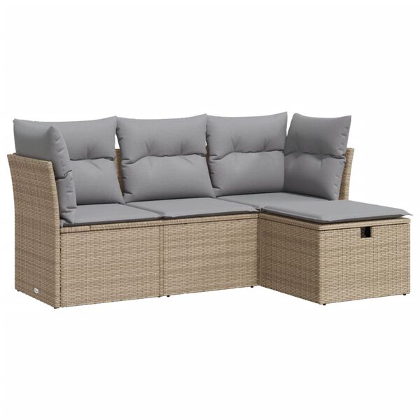vidaXL 4-delige Loungeset met kussens poly rattan beige