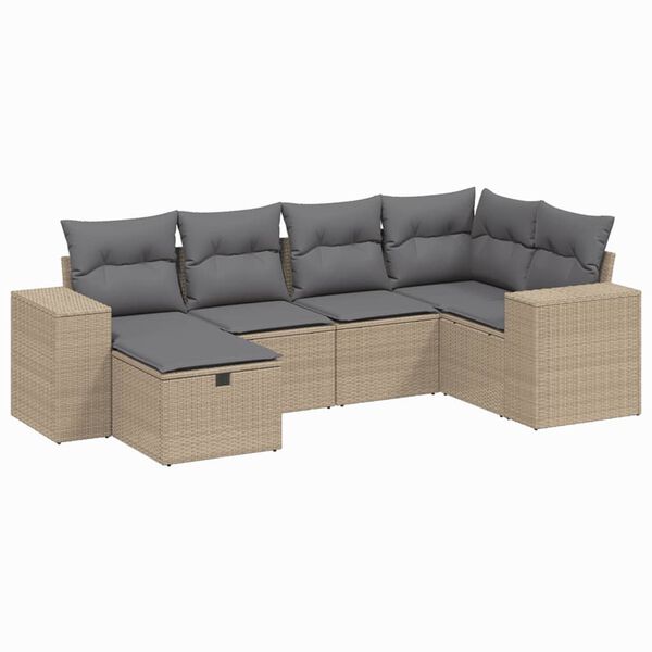 vidaXL 6-delige Loungeset met kussens poly rattan gemengd beige